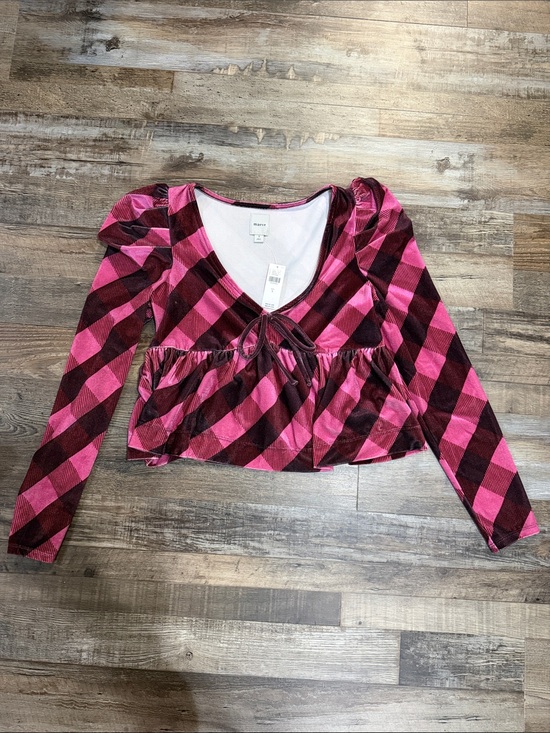 Maeve Tops - Anthropology Maeve Pink Plaid Velvet Peplum Long-Sleeve Top